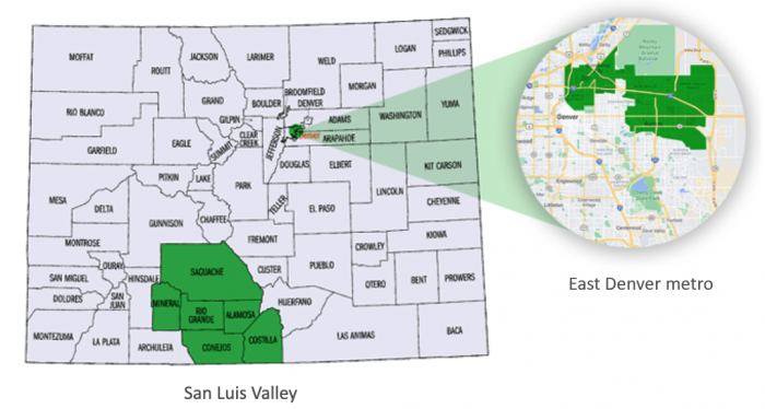 Image of a map of Colorado with San Luis Valley and East Denver Metro highlighted in green